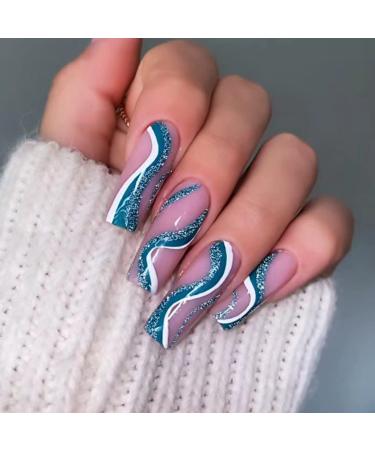 JUSTOTRY 24 Pcs Glitter Swirl Fake Nails Long Royal Blue French Press on Nails Patterns Medium Pink Ballerina Stick on Nails for Women Acrylic Coffin False Nails with Glue for Nail Art Blue&Ballerina1