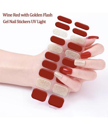 20PCS Semi Cured Gel Nails Gel Nail Stickers - Semi Cured Gel Nails Strips - Semi Cured Gel Nail Wraps - Glossy & Long Lasting Gel Nail Stickers Need UV Light (Wine Red Gold Shiny) - Buy Online on GoSupps.com