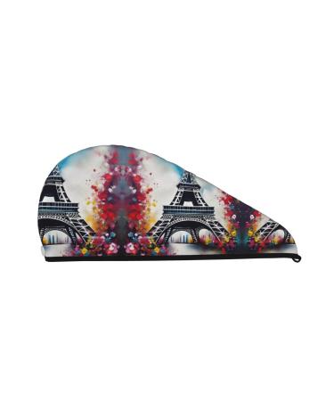 Eiffel Tower Paris Painting Coral Velvet Dry Hair Cap Caps with Buttons for Drying Curly Long & Thick Hair Anti Frizz Black