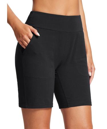 BALEAF Women's 8" Bermuda Shorts Cotton Casual Athletic Running Lounge Knee Length Long Sweat Shorts with Pockets Black XX-Large