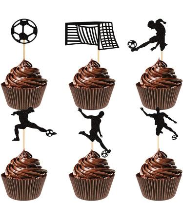 UXYOKM 24Pcs Football Cupcake Toppers Black Glitter Football Players Sport Soccer Cupcake Picks Baby Shower Birthday Sports Theme Party Cake Decorations Supplies