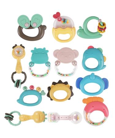 Baby rattling bite ring-infant bite ring gripping and rotating rattler toys-sensory bite ring music toys for early development newborn birthday present for 0 1 fowybe wal-storage box set with 13 pieces
