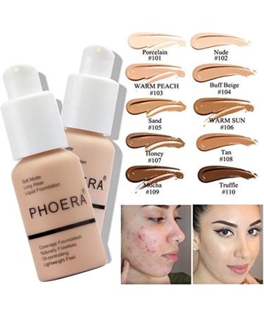 Foundation Made for PHOERA 104 and 105 & Face Primer Liquid Full Coverage Foundation Set Foundation Brush Powder Brush 5 Makeup Sponge 24HR Matte Oil Control Concealer(104 Buff Beige+ 105 Sand) 340 g (Pack of 1) 104+105/Buff Beige+ Sand - Buy Online on GoSupps.com