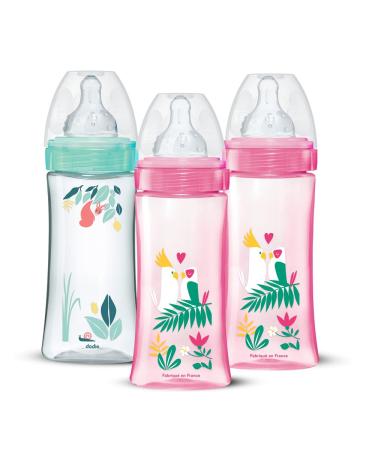 DODIE Set of 3 Anti-Colic Bottles Round Teats 330 ml + 6 Months 3 Speeds Flow 3 Pink and Green