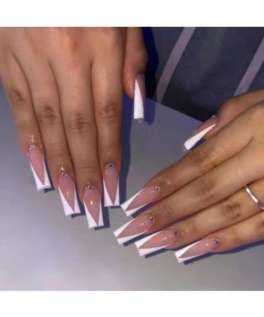 Long Fashion Fake Nail Set Press On Acrylic Nail with Blue Ice Transparent Butterfly Sparkling Diamond Detachable Nail Tips New OPQ-06