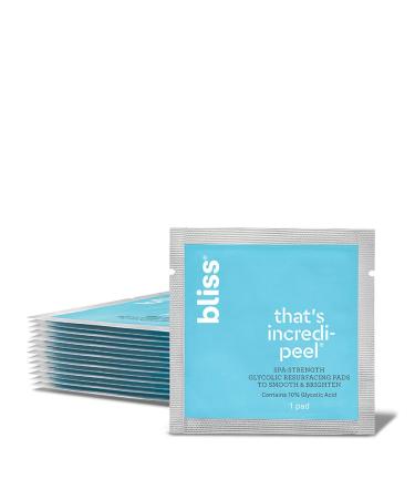 Bliss That's Incredi-Peel Glycolic Resurfacing Facial Pads - 15 ct - Single-Step Pads for Exfoliating and Brightening - Targets Fine Lines and Discoloration - Travel-Friendly - Vegan & Cruelty-Free 15 Count (Pack of 1)