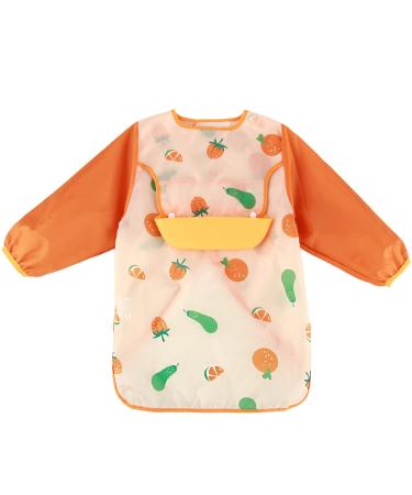 Discoball Baby Bibs with Sleeves - Waterproof Feeding Bibs Painting Apron Bibs with Detachable Silicone Pocket Unisex Baby Dribble Bibs for Infant Toddler 6 Months to 3 Years Old (Orange)