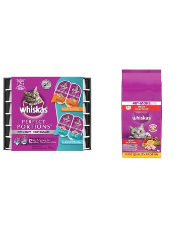 WHISKAS Perfect Portions Wet Cat Food Cuts in Gravy - Chicken & Tuna (12 Pack) + WHISKAS Meaty Selections with Real Chicken Dry Cat Food (5x2kg) Cuts in Gravy+ Cat Food Chicken Chicken & Tuna 75 g (Pack of 12)