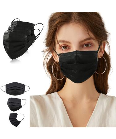 Trasign Black Disposable Face Masks, 100Pcs Earloop Face Masks 3-Ply Mouth Cover Black Face Mask Breathable Disposable Masks