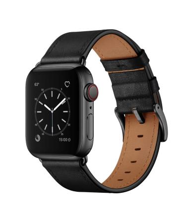 OUHENG Compatible with Apple Watch Band 49mm 45mm 44mm 42mm, Genuine Leather Band Replacement Strap Compatible with Apple Watch Ultra Series 8/7/6/5/4/3/2/1/SE2/SE, Black Band with Black Adapter Black/Black 49mm/45mm/44mm/42mm