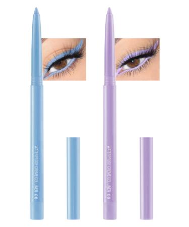 Light Blue & Purple Gel Eyeliner 2 Colors Eyeliner Crayon Pencil Waterproof Long Wear Smudge-Proof Retractable Eyeliner Pen Matte Cream Waterline Eyeliner Delineador De Ojos Makeup for Festival(08+09)
