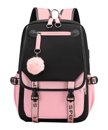 JiaYou Teenage Girls' Backpack Middle School Students Bookbag Outdoor Daypack with USB Charge Port (21 Liters Black Pink) 21 Liters Black Pink