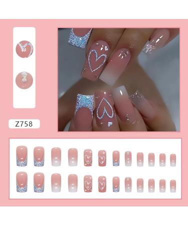 SINSEN Square Press on Nails - Medium French Tip with Heart Design Glossy Pink Fake Nails Set (24 Pcs) - Reusable & Includes Adhesive Glue Stickers - 12 Sizes Available - Buy Online on GoSupps.com