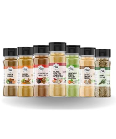 Aga's Wholesome Everyday Seasoning Combo Bundle 7 Items: Vegetable Stock Powder 100g Meat & Poultry Seasoning 100g Soupa Delish 100g Garlic Ginger & Onion Mix 100g Peppersoup Spice 100g Curry Powder 100g Dried Thyme 80g + Free Recipe ebook | Low Sodium & 