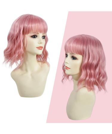 PARXITN Wavy Bob Wig with Bangs - Natural Synthetic Short Curly Hair Wig for Women - F5# Pink - Perfect for All Occasions - Buy Online on GoSupps.com