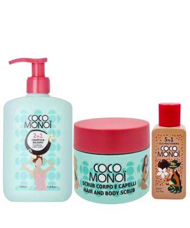 Coco Monoi 2-in-1 Moisturizing and Super Shine Shampoo and Conditioner Coconut and Tiare Flower Scent Soft and Shiny Hair 200ml (Shampoo & Conditioner + Body Scrubs and