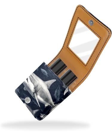 Stylish Leather Lipstick Case Organizer with Mirror | Mini Lip Gloss Holder - Art Shark Fish Pattern - International Shipping - Buy Online on GoSupps.com