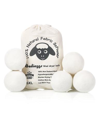 Budieggs Wool Dryer Balls Organic XL 6-Pack, 100% New Zealand Chemical Free Fabric Softener for 1000+ Loads, Baby Safe & Hypoallergenic, Reduce Wrinkles & Shorten Drying Time Naturally White-xl