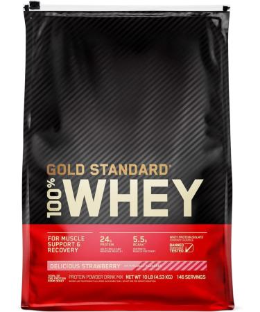 Gold Standard 100% Whey Protein Powder | Whey Protein Isolate Sourced | 24g Protein 5.5g BCAAs 11g EAAs | Low Carb Low Sugar Gluten Free | 146 Servings 10LB (Delicious Strawberry) Strawberry 10LB