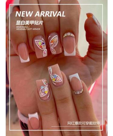 French Tip Press on Nails - Mid length Square Press On Nails with Nail Tips Rhinestones Butterfly Design press on nails Acrylic False Nails Cute Artificial Nails - Buy Online on GoSupps.com