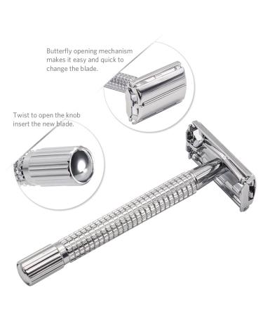 Premium Chrome Long Handle Butterfly Safety Razor Kit for Men Double Edge Shaver with Leather Case & Stand | International Shipping Available - Buy Online on GoSupps.com