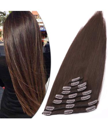 SEGO Clip in Extensions Real Hair Hair Extension Hairpiece 8 Wefts Heat Resistant Straight Dark Brown#2-1 40 cm (90 g)