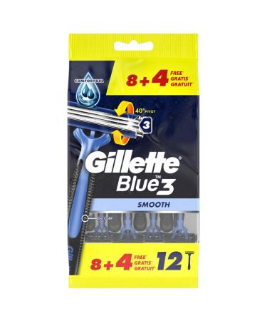 Gillette Blue3 Smooth disposable razor men 12 razors with 3-fold blade wet razor with 40 movable swivel head moisture strips 12 pieces (1 Pack)