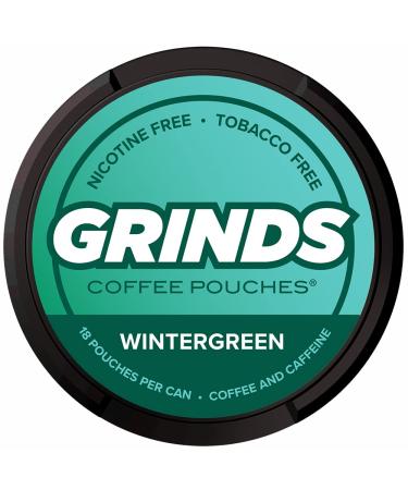 Grinds Coffee Pouches | 3 Cans of Wintergreen | Tobacco Free, Nicotine Free Healthy Alternative | 18 Pouches Per Can | 1 Pouch eq. 1/4 Cup of Coffee (Wintergreen) Wintergreen 18 Count (Pack of 3)