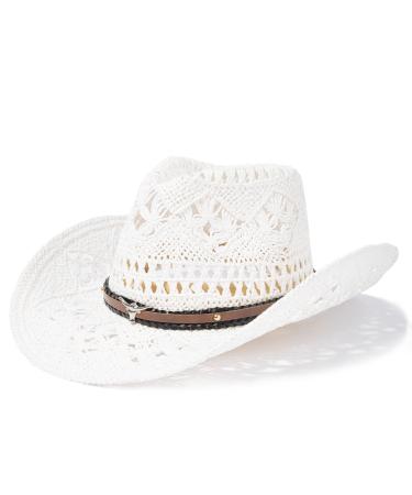 ANDORRA Men & Women's Woven Straw Cowboy Hat Wide Brim Western Cowgirl Hat White