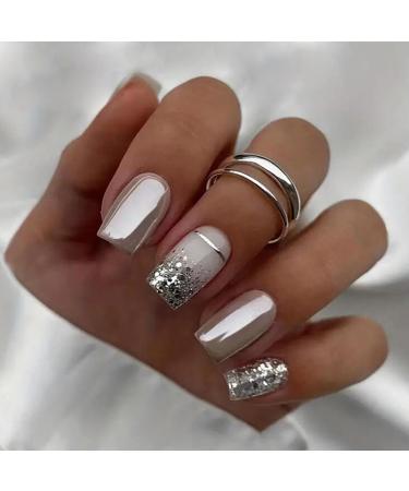 24 pieces nails to stick on short angular french press on nails silver shiny ballerina artificial fingernails to stick out acrylic full cover artificial nails for women girls nail art manicure