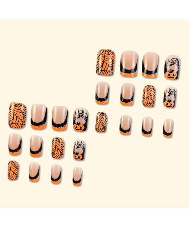Buy Halloween Press On Nails - Medium Square Black & Yellow French Tips with Pumpkin & Spider Web - 24 Pcs Glossy Fake Nails for Women - Buy Online on GoSupps.com