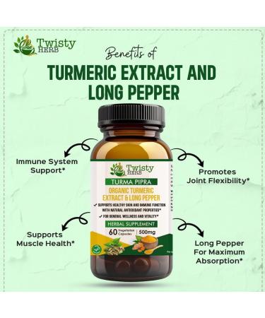 Twisty Herb - Organic Turmeric Extract & Long Pepper 500mg 60 Vegetarian Capsules Vegan Organic Turmeric Curcuma Ayurvedic Herbal Supplement. - Buy Online on GoSupps.com