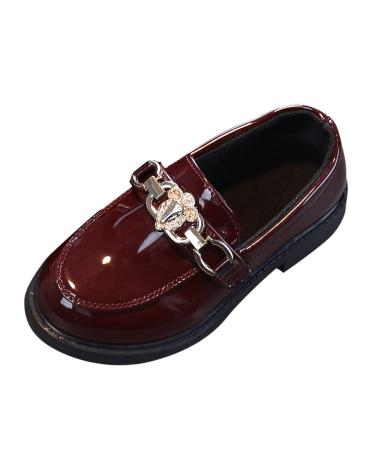 Girls Slip On Leather Shoes Loafer Rhinestone Decoration School Dress Shoes For Girls Toddler Slippers Boy Wine 3.5-4 Years Toddler