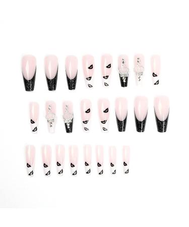 MISUD French Tip Press on Nails Long Coffin False Rhinestone & Glitter Glossy Fake Nails - Black and White Acrylic Designs for Women - 24Pcs - Buy Online on GoSupps.com
