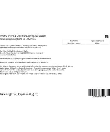 Healthy Origins L-Glutathione Reduced 500mg 150 Vegan Capsules | Lab-Tested, Vegetarian, Soy Free, Gluten Free, Non-GMO - Buy Online on GoSupps.com