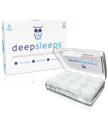 Deep Sleeps Silicone Ear Plugs for Sleeping 6 Pairs - 27dB Noise Cancelling Soft Re-Usable Waterproof Premium Moldable Silicon Earplugs for Sleep Travelling Studying Wax 6 Pair (Pack of 1)