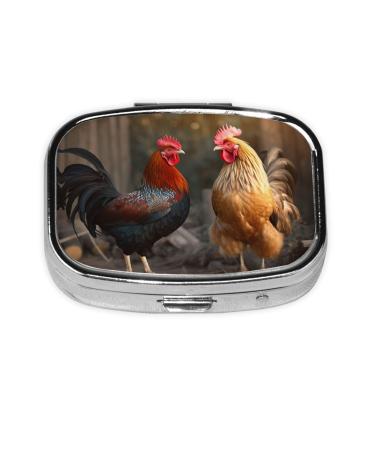 Rooster and Chicken Printing 2 Compartment Small Pill Case Cute Small Pill Box Purse Pill Boxs Travel Pill Organizer for Pocket Purse and Travel Gifts