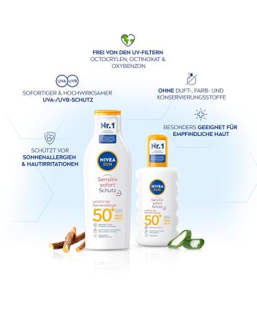 NIVEA Sun Sensitive Immediate Protection Lotion SPF 50+ | 200ml Waterproof & Fragrance-Free Sunscreen for Sensitive Skin | Effective Sun Allergy Protection - Buy Online on GoSupps.com