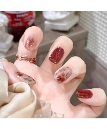 SINLOV Short Nude Red Gradient French Fake Nails Square Rose Flower False Nails Glossy Press on Nails Ballerina Acrylic Full Cover Nails for Women and Girls