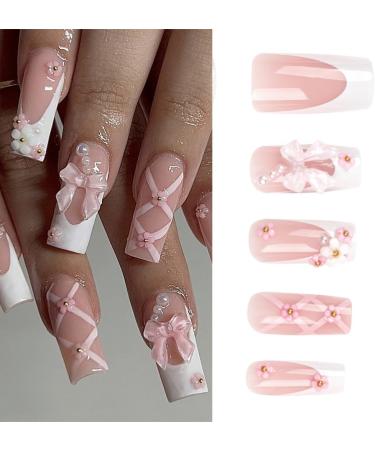 TQUXNGA Press on Nails Medium Long Craft False Nails Square 3D Flower Bowknot French Artificial Nails Finger Manicure Kit included - Buy Online on GoSupps.com