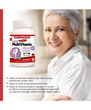 Nutridom Daily Multivitamin for Women over 50 with Beta-carotene Vitamin A D3 E C B K2 Biotin Calcium Magnesium Zinc Iodine Manganese Pottasium Copper Chromium Selenium Molybdenum Lutein Choline L-Methionine Inositol (60 Vegan capsules) - Buy Online on GoSupps.com