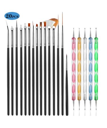 JOYJULY 20PCS Professional Nail Art Brushes Set Nail Design Tools 15pcs Nail Detail Brush Kit 5pcs Nail Art Pens Dotting Tools-BLACK