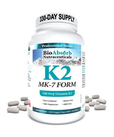 Vitamin K2 MK-7 100 mcg. 330-Day Supply of K2 Vitamin Supplement (330 Veggie Vitamin K Capsules MK7 Form) 330 count (Pack of 1)