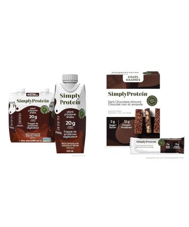 Simply Protein Ready-To-Drink Chocolate Plant Protein Shake 330mL Bottle Pack of 4 High Protein & Dark Chocolate Almond Protein Bars Gluten Free Vegan High Protein Snacks 4 Count