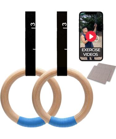 Wooden Gymnastic Rings with Adjustable Straps - 1.25 Non-Slip Olympic Rings 1600lbs - 15ft Long Numbered Straps - Quick Install Cam Buckle - For Pull Ups Cross-Training and Home Gym Full Body Workout