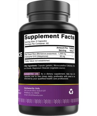 Oxify Red Yeast Rice with CoQ10 | 120 Capsules | Gluten-Free Non-GMO | Supplement Made in USA (1200 mg per 2 Capsules) - Buy Online on GoSupps.com