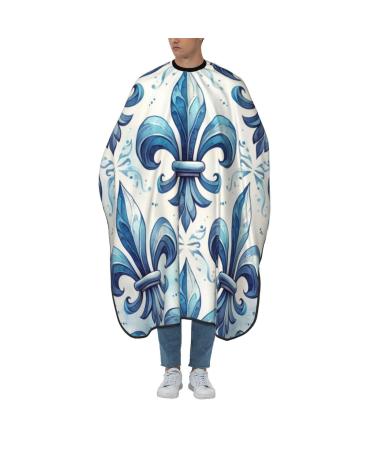 55x66 Inch Adult Barber Cape Watercolor-Blue-Fleur-De-Lis Adult Haircut Cape With Snap Closure