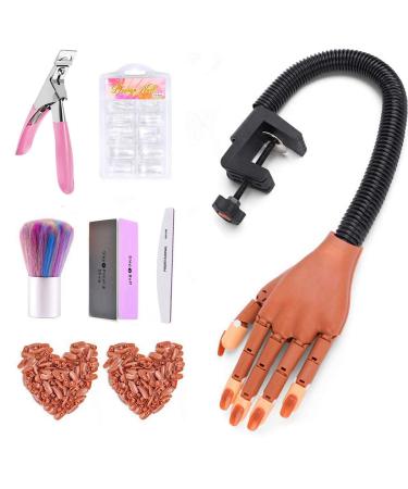 Practice Hand for Acrylic Nails-Flexible Moveable Nail Training Hand Kits, False Mannequin Hands with Fake Nail Tips, Nail Files and Clipper A-Brown