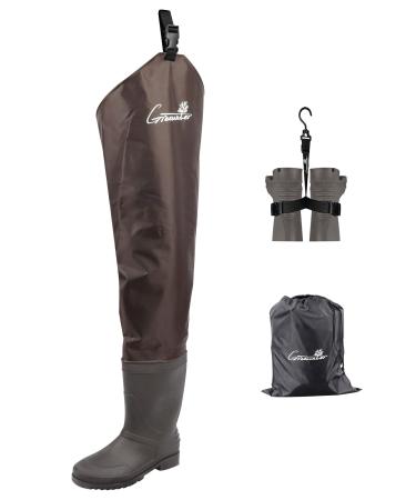 GREENWATER Hip Waders for Men Women with Boots Waterproof,2-Ply PVC/Nylon Adult Bootfoot Hip Waders with Cleated for Fishing & Hunting (Brown, M7/W9) Brown M7/W9