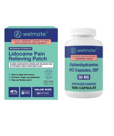 WELMATE Pain Relief & Sleep Support Kit: 4% Lidocaine Numbing Patch (30 Ct) & Nighttime Sleep-Aid Diphenhydramine 50mg (1000 Ct)
